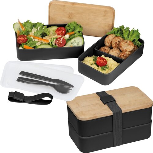 Dubbel-laags lunchbox van PP en bamboe zwart