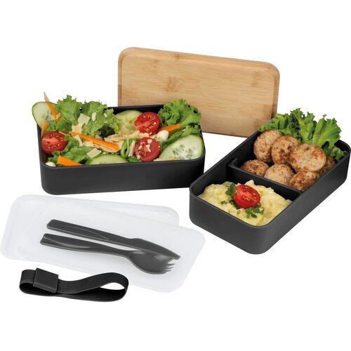 Dubbel-laags lunchbox van PP en bamboe zwart