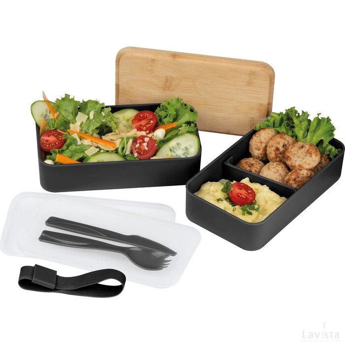 Dubbel-laags lunchbox van PP en bamboe zwart