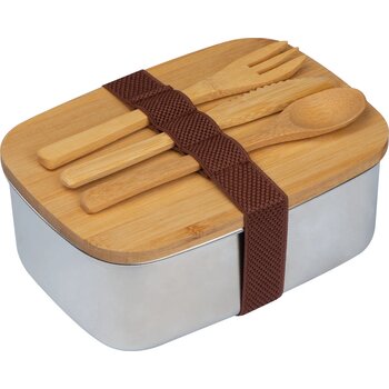 Grote lunchbox met bestek en deksel van bamboe beige