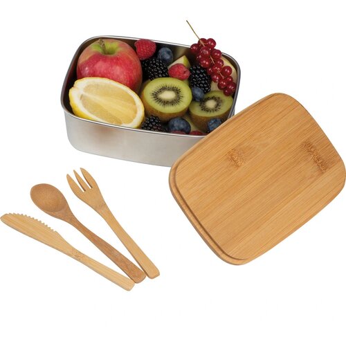Grote lunchbox met bestek en deksel van bamboe beige