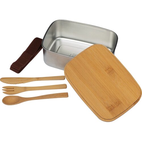 Grote lunchbox met bestek en deksel van bamboe beige
