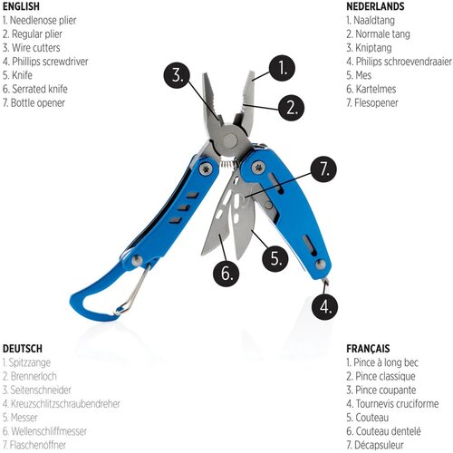 Solid mini multitool met karabijnhaak blauw
