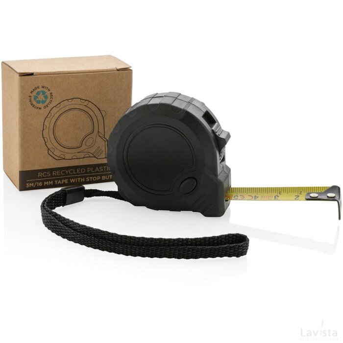 RCS gerecycled plastic 3M/16 mm rolmaat met stopknop zwart