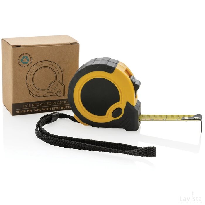 RCS gerecycled plastic 3M/16 mm rolmaat met stopknop geel, zwart