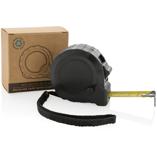 RCS gerecycled plastic 5M/19 mm rolmaat met stop knop zwart