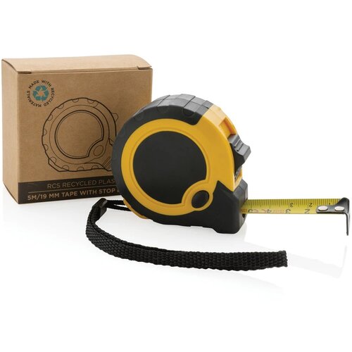 RCS gerecycled plastic 5M/19 mm rolmaat met stop knop geel, zwart