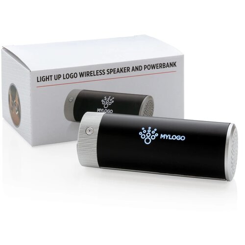 Light up logo draadloze 3W speaker en 2.200 mAh powerbank zwart, grijs