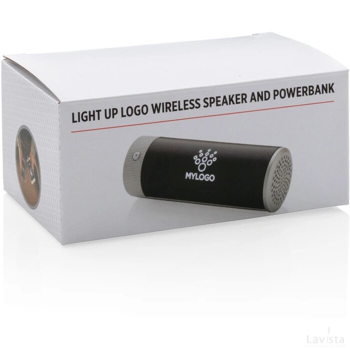 Light up logo draadloze 3W speaker en 2.200 mAh powerbank zwart, grijs