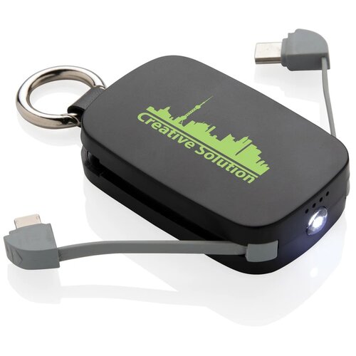 1.200 mAh sleutelhanger powerbank met geintegreerde kabels zwart
