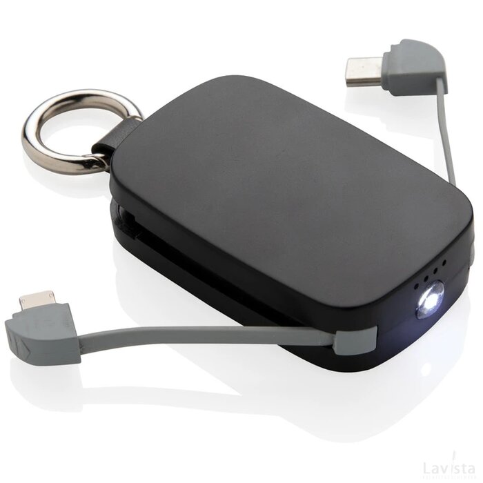1.200 mAh sleutelhanger powerbank met geintegreerde kabels zwart