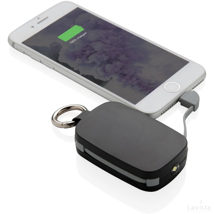 1.200 mAh sleutelhanger powerbank met geintegreerde kabels zwart