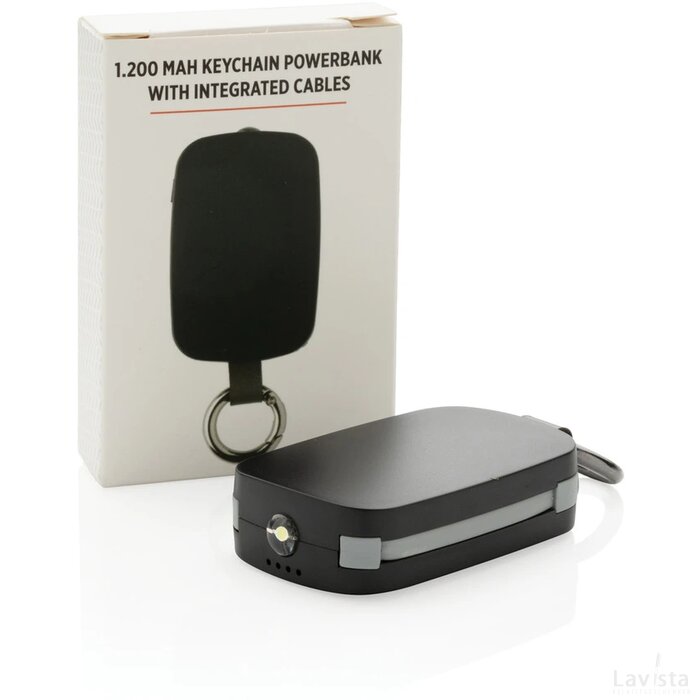 1.200 mAh sleutelhanger powerbank met geintegreerde kabels zwart