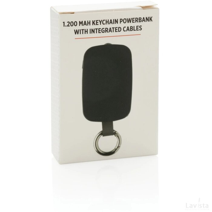1.200 mAh sleutelhanger powerbank met geintegreerde kabels zwart