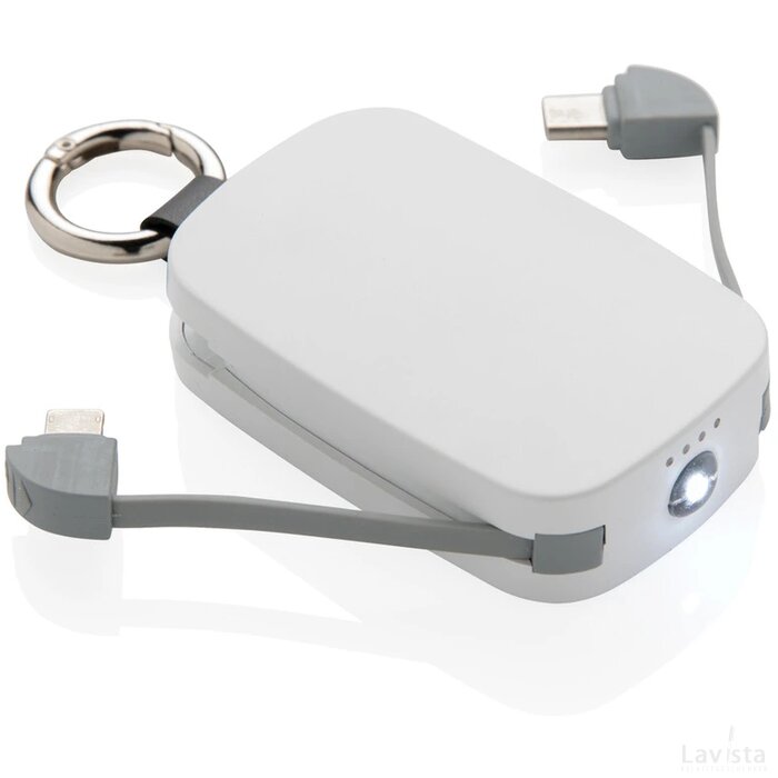 1.200 mAh sleutelhanger powerbank met geintegreerde kabels wit