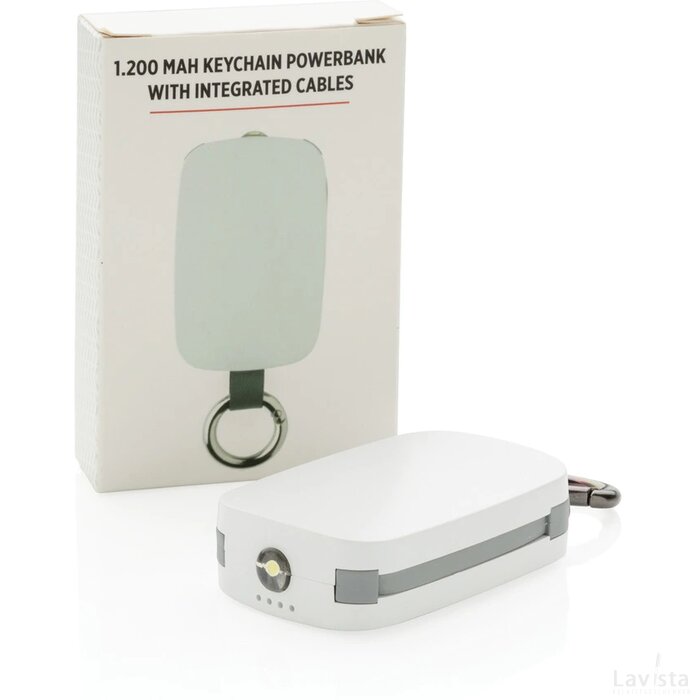 1.200 mAh sleutelhanger powerbank met geintegreerde kabels wit
