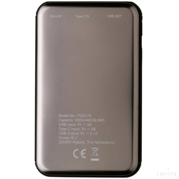 5.000 mAh zakformaat powerbank grijs, zwart