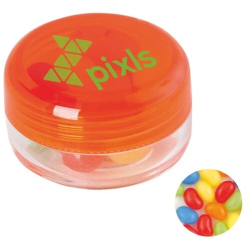 Kunststof rond potje met deksel jelly beans oranje.