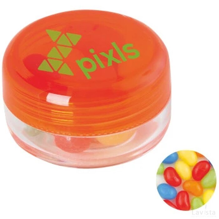Kunststof rond potje met deksel jelly beans oranje.