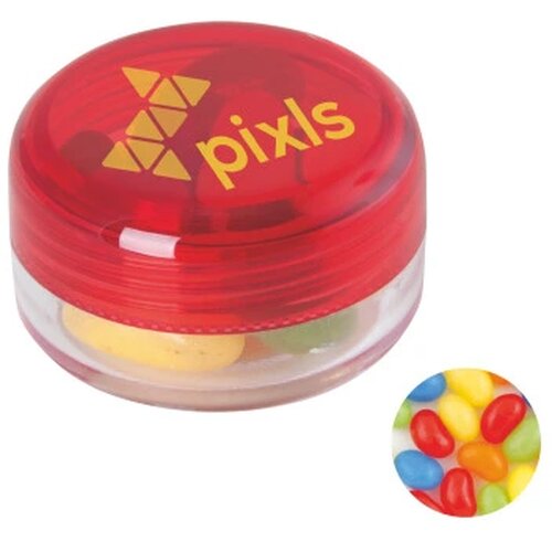 Kunststof rond potje met deksel jelly beans rood.