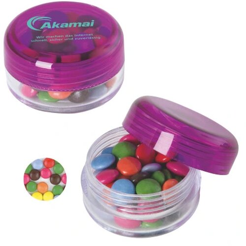 Kunststof rond potje gekleurd deksel met ca. 12 gr. choco carletties. TAMPONDRUK donkerpaars