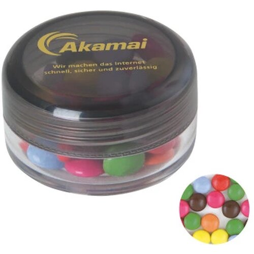 Kunststof rond potje gekleurd deksel met ca. 12 gr. choco carletties. TAMPONDRUK donkergrijs