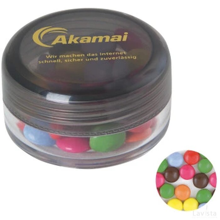 Kunststof rond potje gekleurd deksel met ca. 12 gr. choco carletties. TAMPONDRUK donkergrijs
