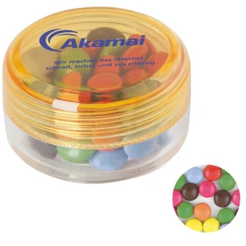 Kunststof rond potje gekleurd deksel met ca. 12 gr. choco carletties. TAMPONDRUK geel