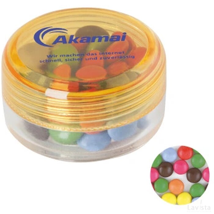 Kunststof rond potje gekleurd deksel met ca. 12 gr. choco carletties. TAMPONDRUK geel