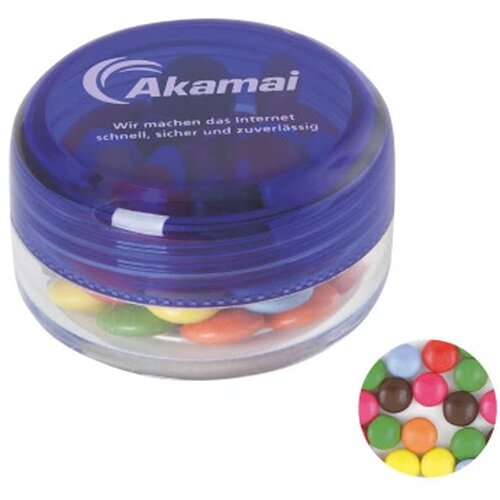 Kunststof rond potje gekleurd deksel met ca. 12 gr. choco carletties. TAMPONDRUK donkerblauw