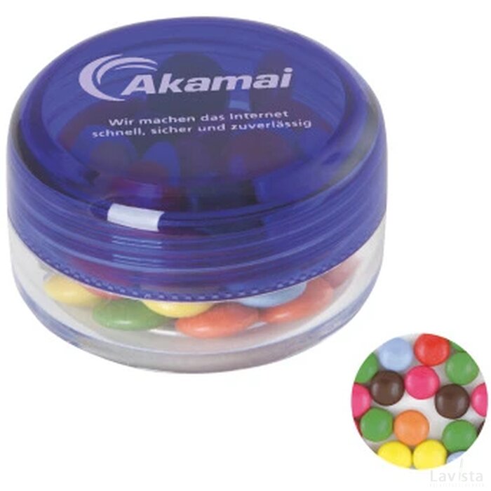 Kunststof rond potje gekleurd deksel met ca. 12 gr. choco carletties. TAMPONDRUK donkerblauw