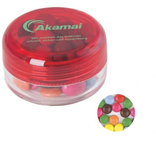 Kunststof rond potje gekleurd deksel met ca. 12 gr. choco carletties. TAMPONDRUK rood