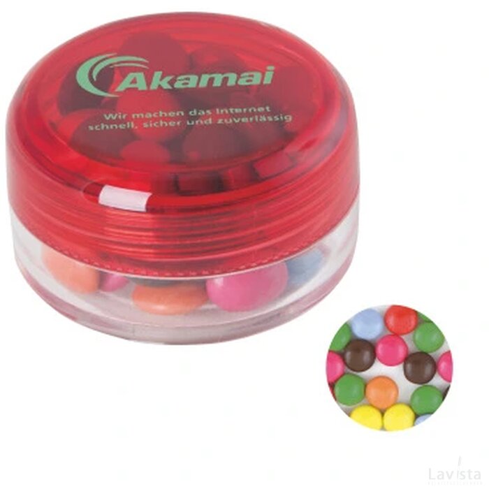 Kunststof rond potje gekleurd deksel met ca. 12 gr. choco carletties. TAMPONDRUK rood