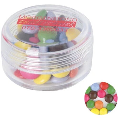 Kunststof rond potje gekleurd deksel met ca. 12 gr. choco carletties. TAMPONDRUK transparant
