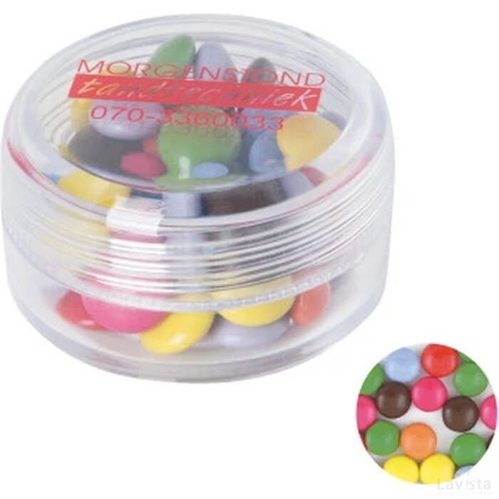 Kunststof rond potje gekleurd deksel met ca. 12 gr. choco carletties. TAMPONDRUK transparant