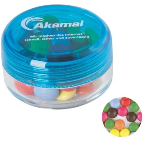 Kunststof rond potje gekleurd deksel met ca. 12 gr. choco carletties. TAMPONDRUK lichtblauw