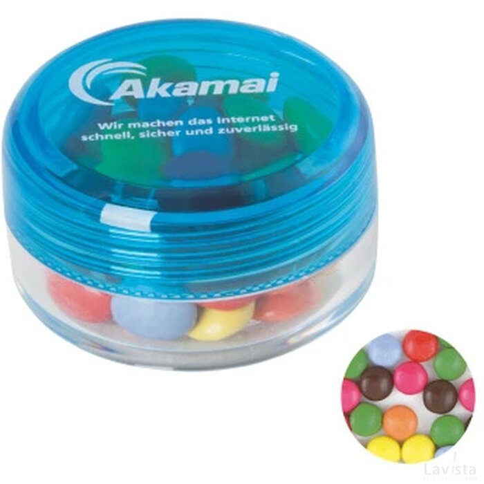 Kunststof rond potje gekleurd deksel met ca. 12 gr. choco carletties. TAMPONDRUK lichtblauw