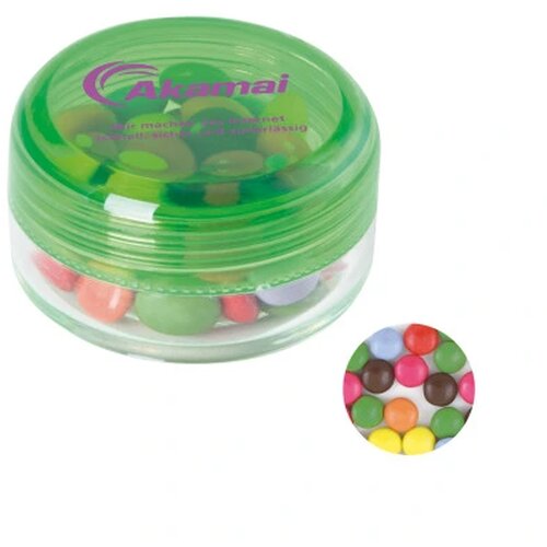 Kunststof rond potje gekleurd deksel met ca. 12 gr. choco carletties. TAMPONDRUK lichtgroen