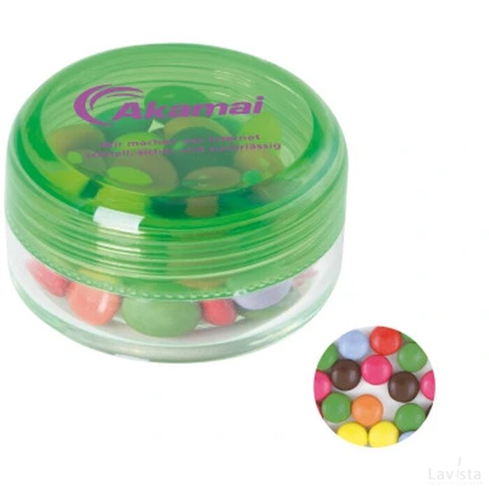 Kunststof rond potje gekleurd deksel met ca. 12 gr. choco carletties. TAMPONDRUK lichtgroen