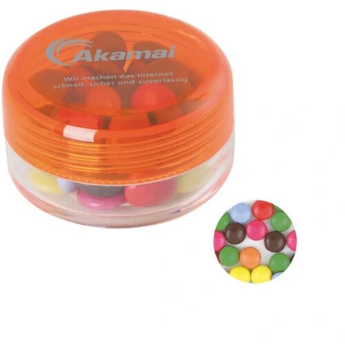 Kunststof rond potje gekleurd deksel met ca. 12 gr. choco carletties. TAMPONDRUK oranje