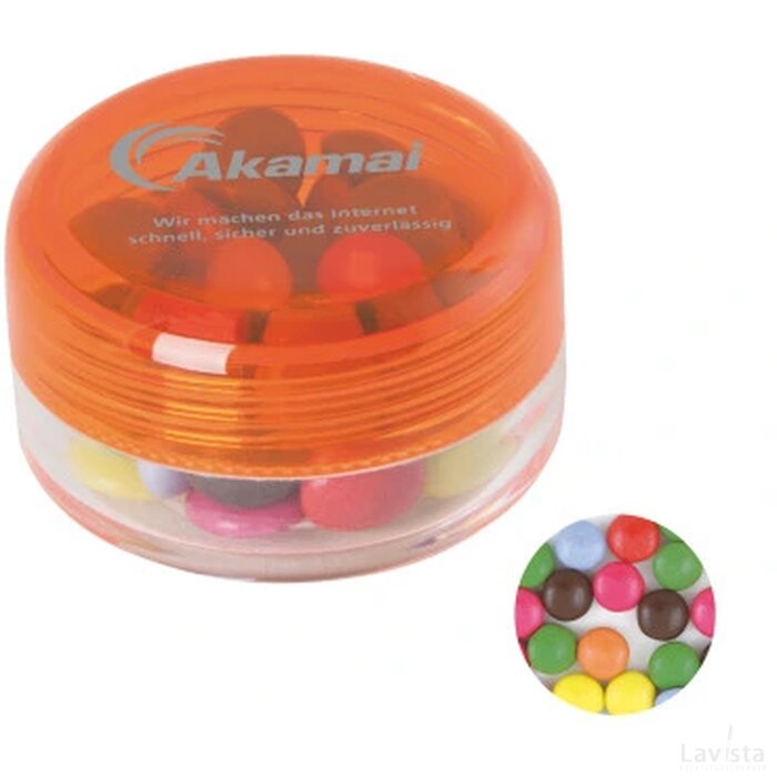 Kunststof rond potje gekleurd deksel met ca. 12 gr. choco carletties. TAMPONDRUK oranje