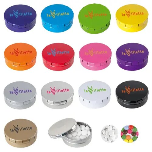 Rond click clack blik 45 mm met ca. 12 gr. mintjes