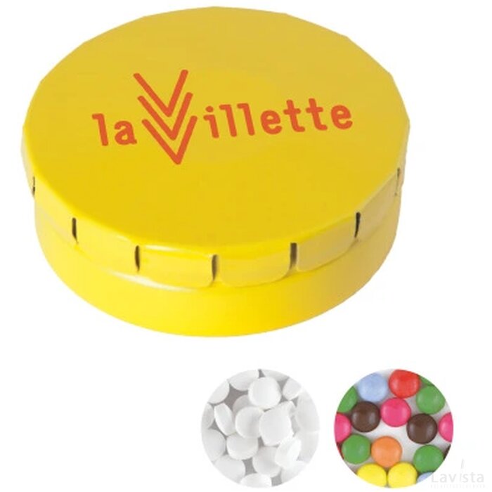 Rond click clack blik 45 mm. ø x 15 mm. met ca. 12 gr. mintjes Geel