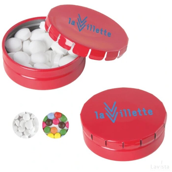 Rond click clack blik 45 mm. ø x 15 mm. met ca. 12 gr. mintjes Rood