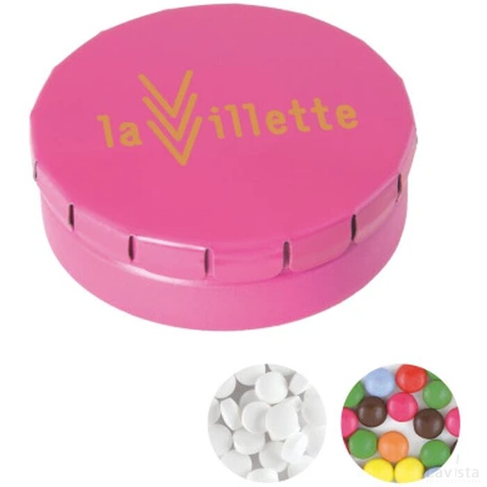 Rond click clack blik 45 mm. ø x 15 mm. met ca. 12 gr. mintjes Roze