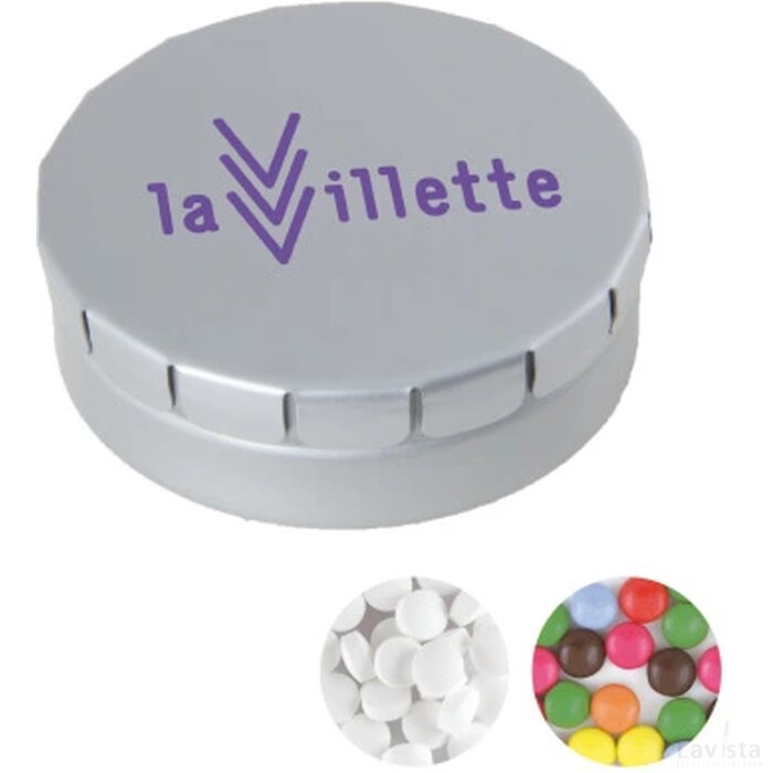 Rond click clack blik 45 mm. ø x 15 mm. met ca. 12 gr. mintjes Grijs