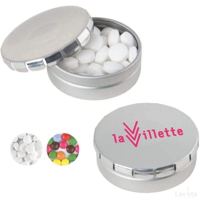 Rond click clack blik 45 mm. ø x 15 mm. met ca. 12 gr. mintjes Zilver