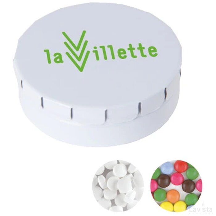 Rond click clack blik 45 mm. ø x 15 mm. met ca. 12 gr. mintjes Wit