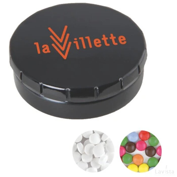 Rond click clack blik 45 mm. ø x 15 mm. met ca. 12 gr. mintjes Zwart