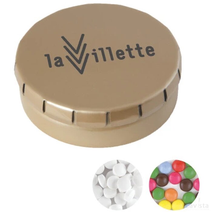 Rond click clack blik 45 mm. ø x 15 mm. met ca. 12 gr. mintjes Goud